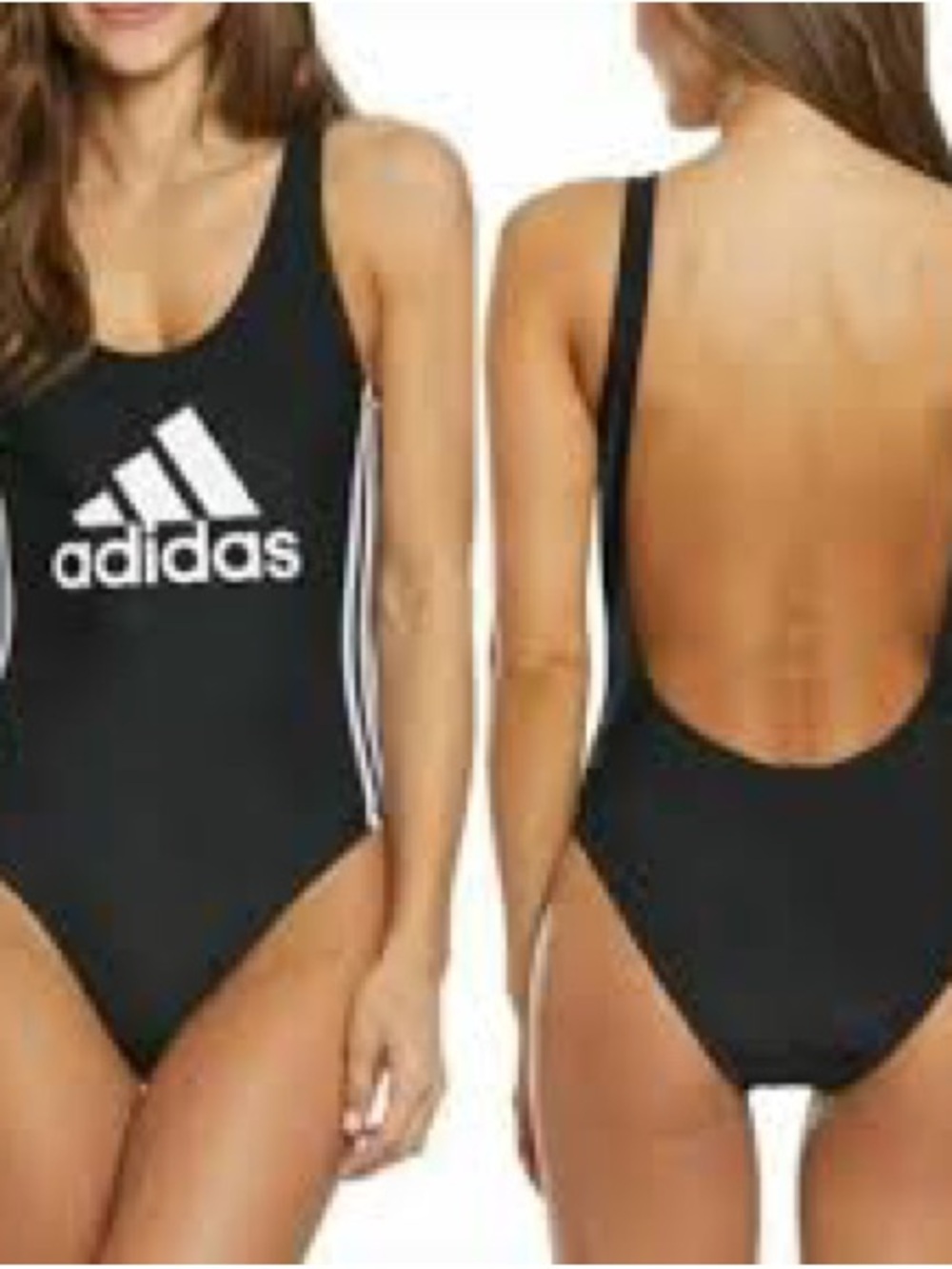 Sporty, Feminine Black One-Piece Swimsuit with White Logo and Side Stripes